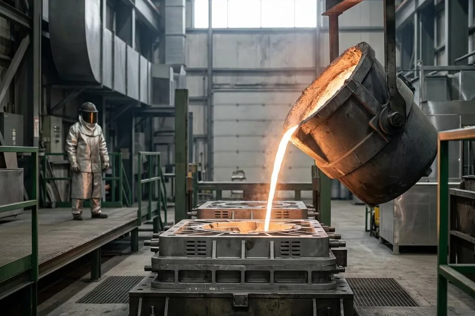 Illustration of molten aluminum being poured into a casting mold at an industrial foundry