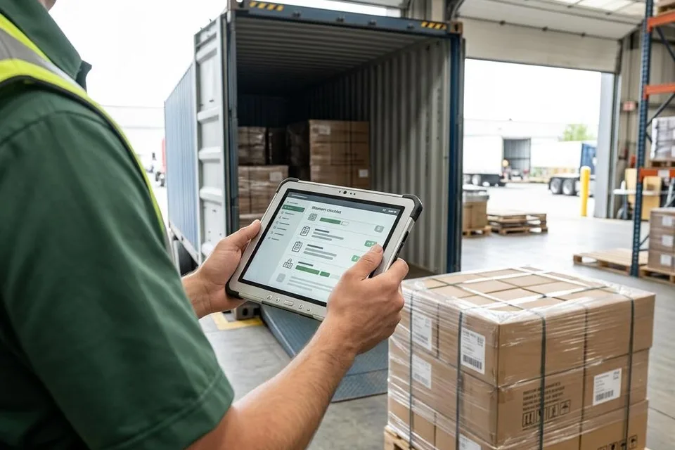 Illustration of a warehouse worker checking a digital shipment checklist on a tablet beside cargo