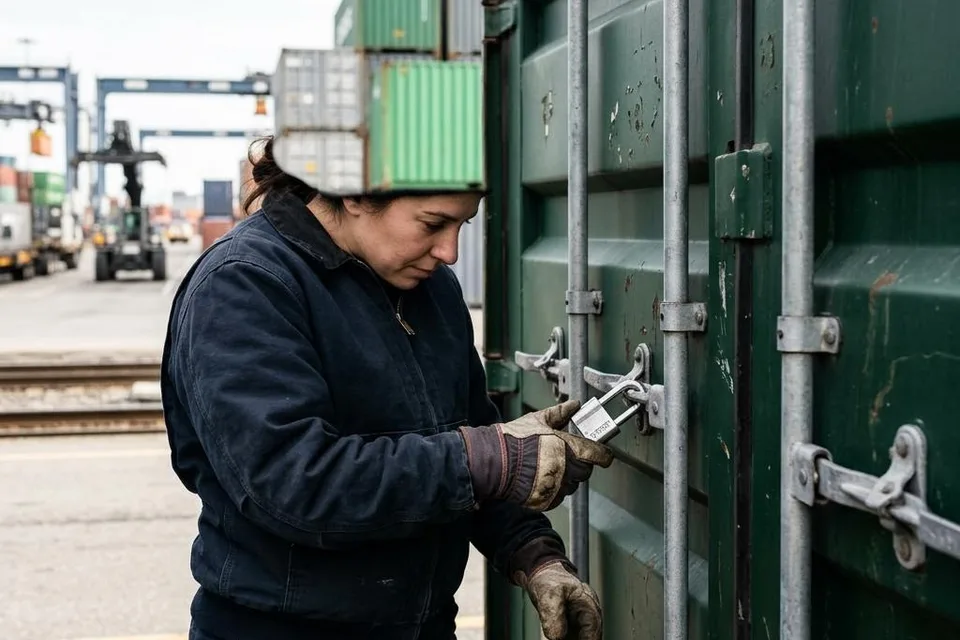 Illustration of a logistics worker checking the security seal on a shipping container