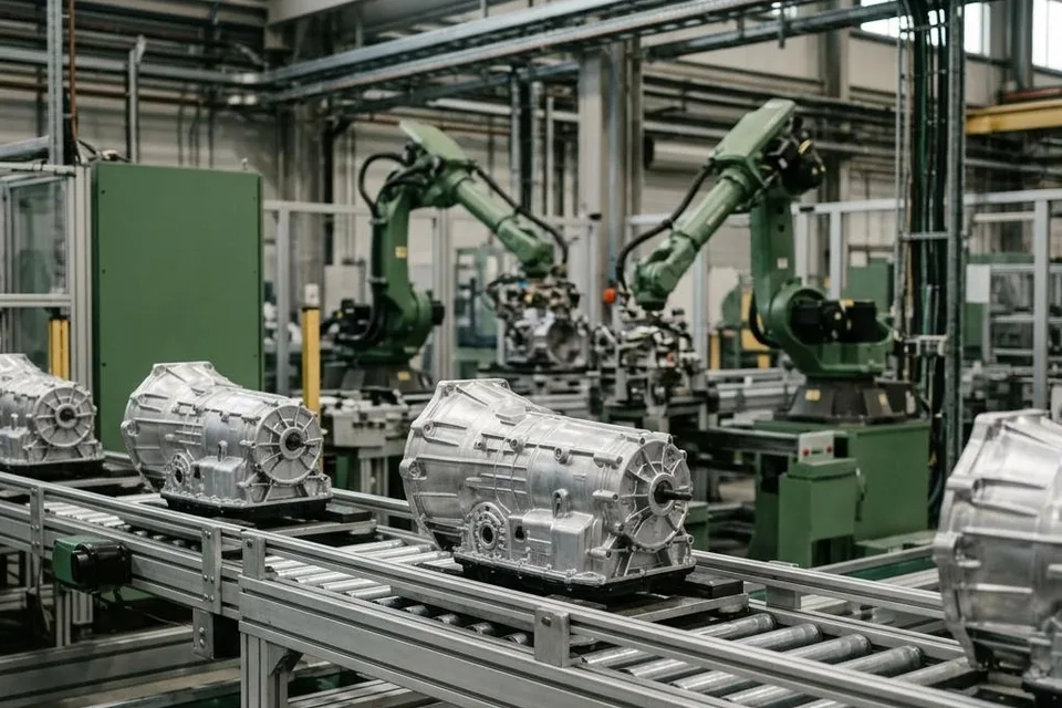 Illustration of automotive transmission housings moving along a manufacturing production line