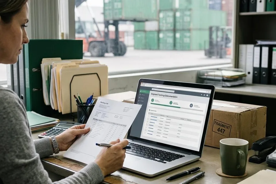 Illustration of an import coordinator comparing shipping documents with a digital shipment checklist