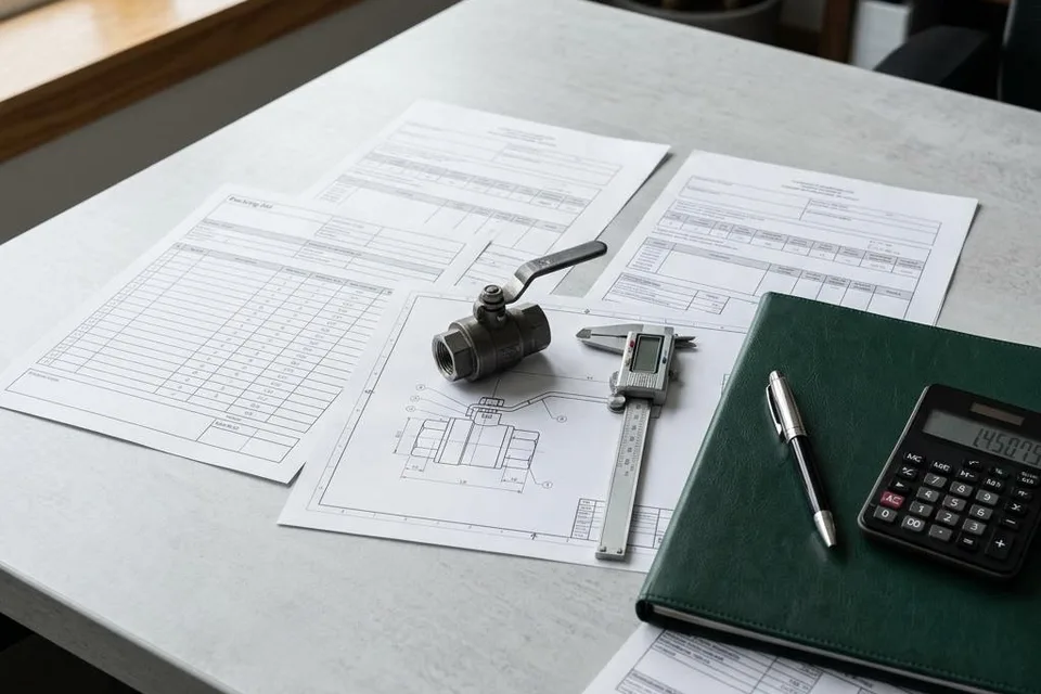 Illustration of shipping documents, a technical product drawing and a valve sample used for tariff classification