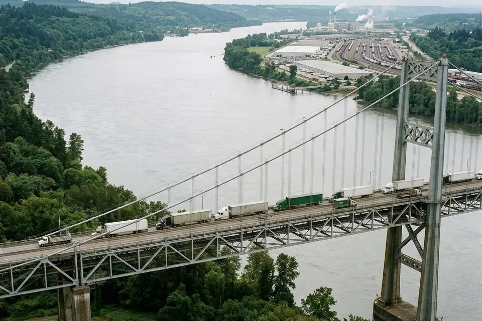 Illustration of commercial trucks crossing a suspension bridge on a North American trade corridor