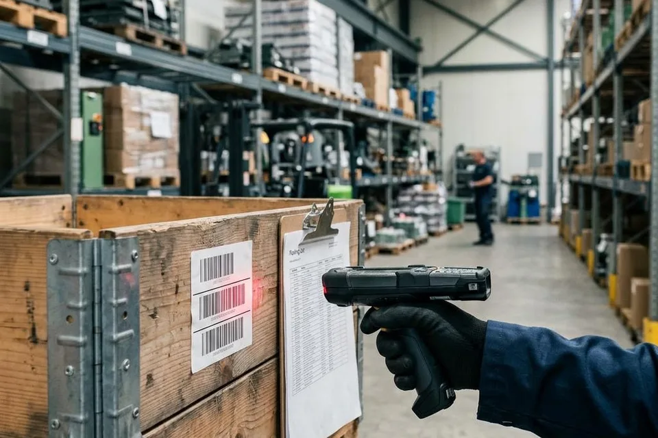 Illustration of a freight shipment label being scanned and checked against its packing list