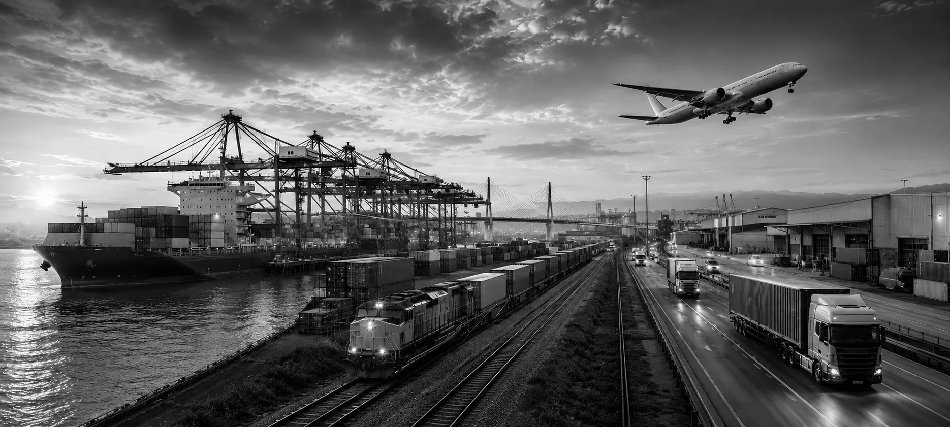 International freight logistics with a cargo ship, aircraft, train and transport truck